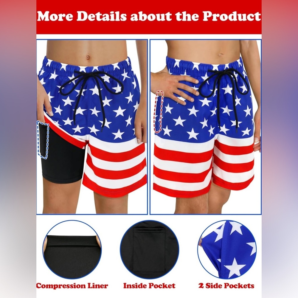 Patriotic, Swim Trunks with Compression Liner, For Boys